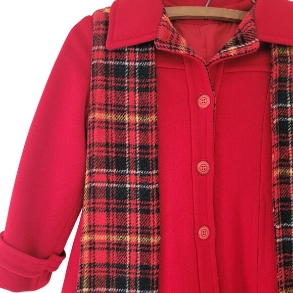 1980s Rothschild Girls Red Hooded Button Pea Coat Plaid Detail w/ Scarf size 6X - Picture 6 of 15